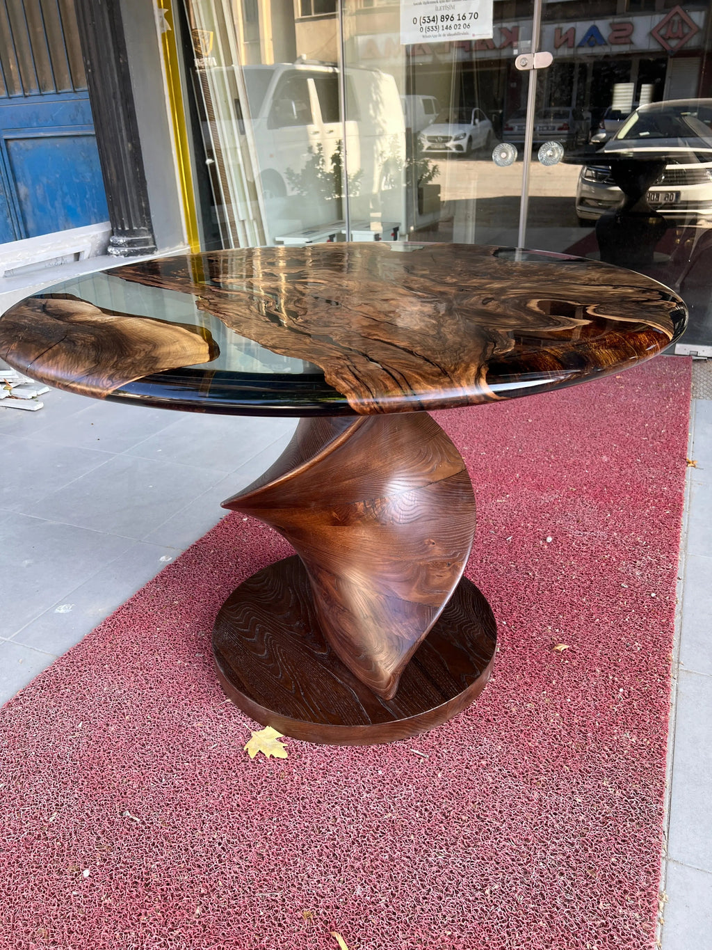 Round Epoxy Resin Table with Wooden Vortex Base Made of Walnut