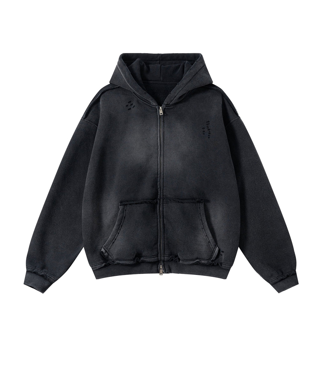NOIR DISTRESSED ZIP HOODIE
