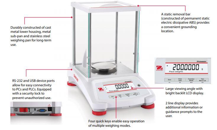 Ohaus PX224 Pioneer Analytical Balance (replacement for PA224C), 220 g x 0.1 mg, Internal Calibration