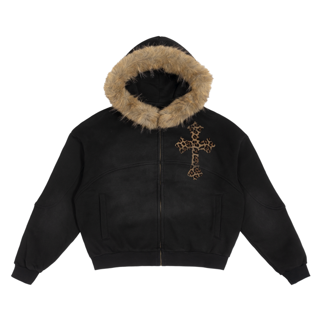 Black Sun Fade Boxy Hoodie With Detachable Fur Hood Cotton 360 GSM DTG Print