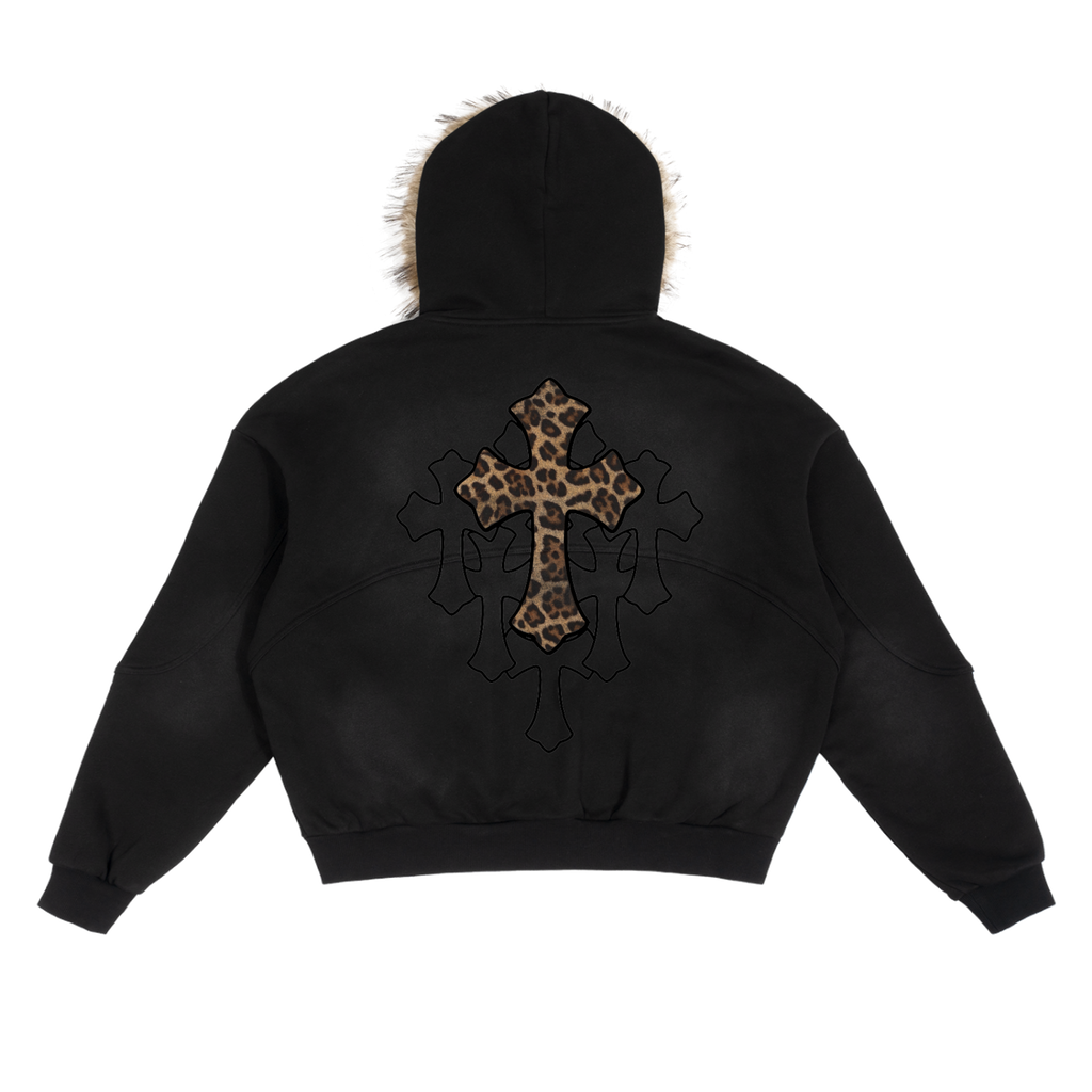 Black Sun Fade Boxy Hoodie With Detachable Fur Hood Cotton 360 GSM DTG Print
