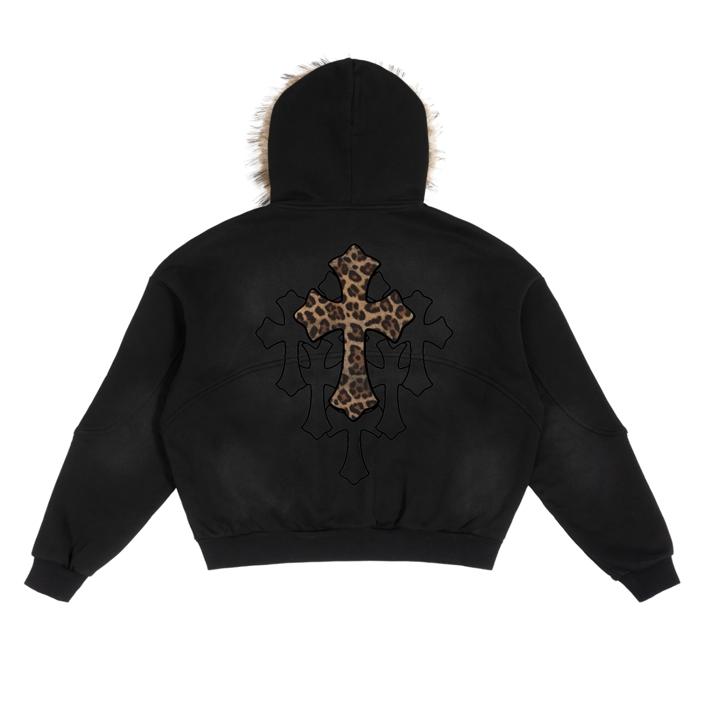 Black Sun Fade Boxy Hoodie With Detachable Fur Hood Cotton 360 GSM DTG Print