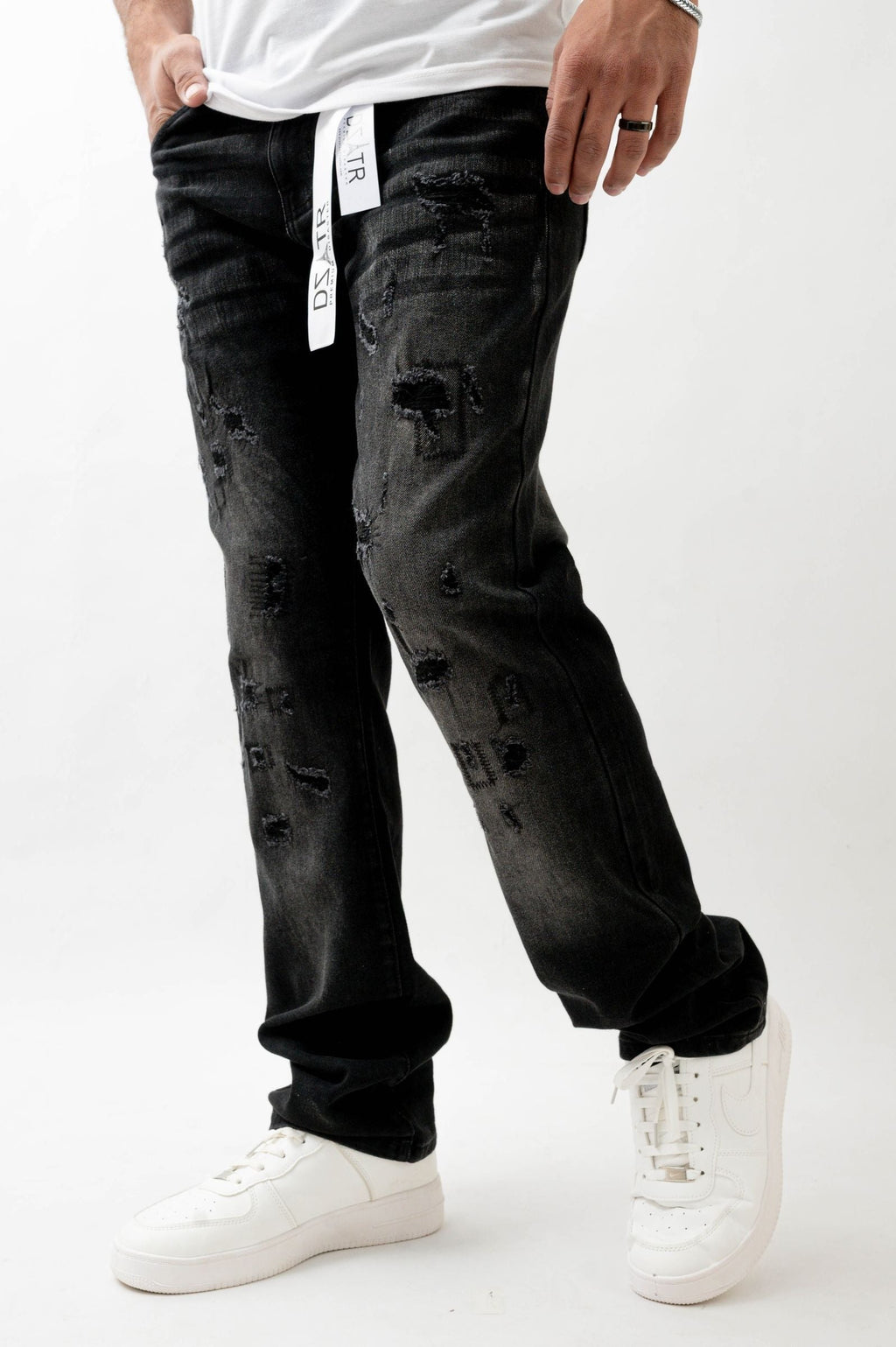 Premium Disaster Super Stretch Straight Fit Denim Jeans - Washed Black