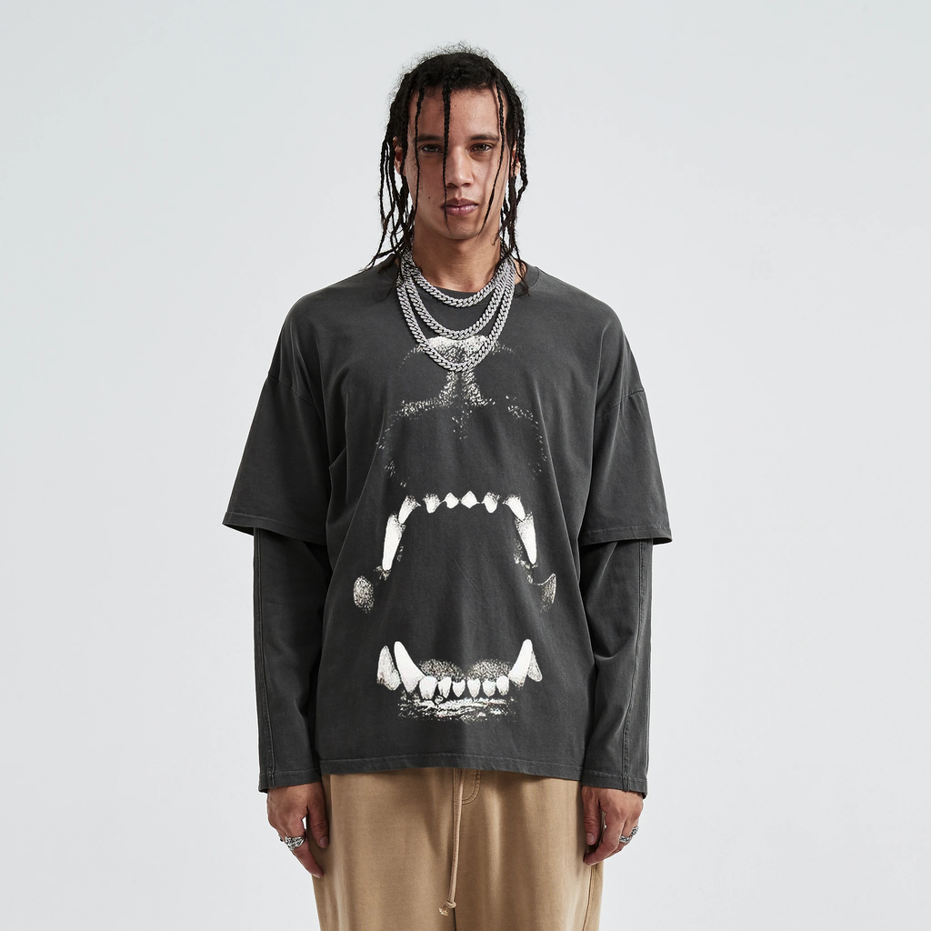 Dog Bite Streetwear Faux Layered Long Sleeve Tee In Faded Dark Grey 230 GSM Durable True To Size
