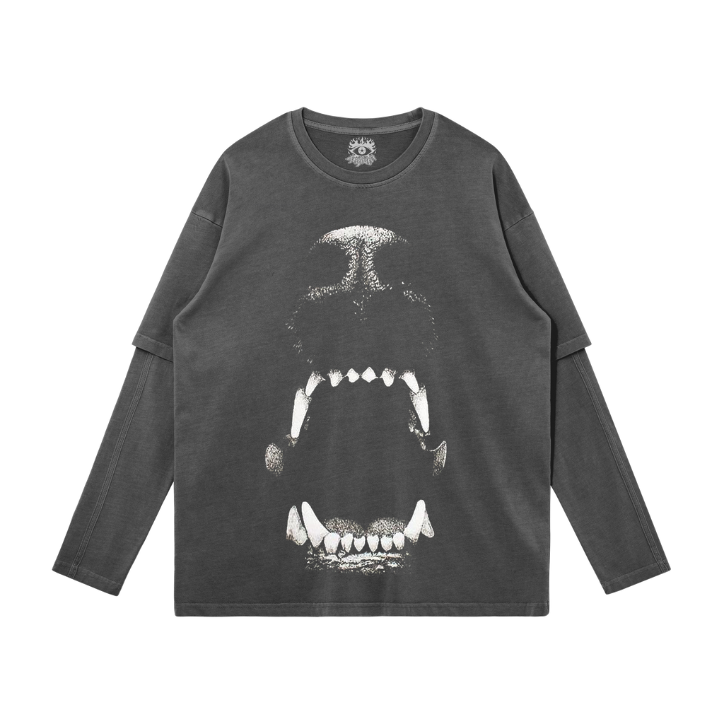 Dog Bite Streetwear Faux Layered Long Sleeve Tee In Faded Dark Grey 230 GSM Durable True To Size