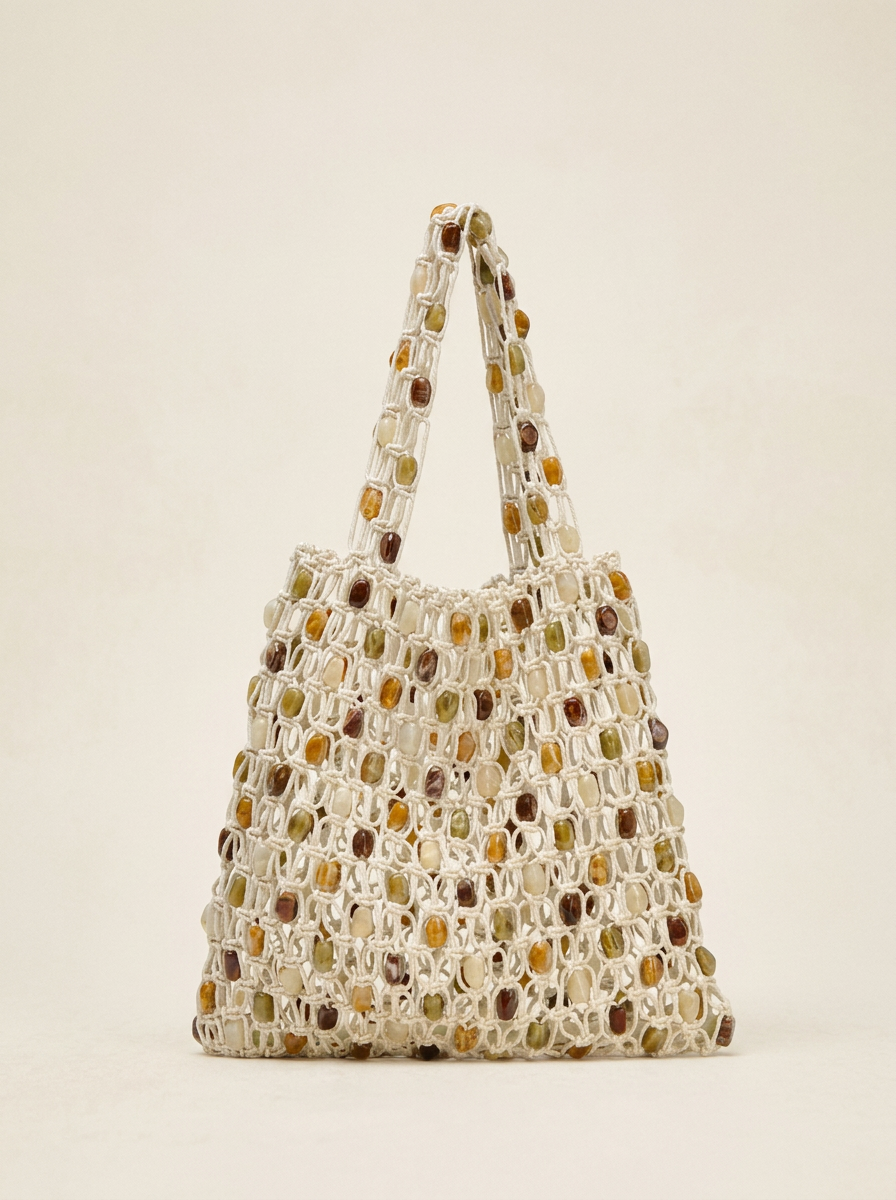 Artisanal Handwoven Gem Bead Crochet Tote Bag