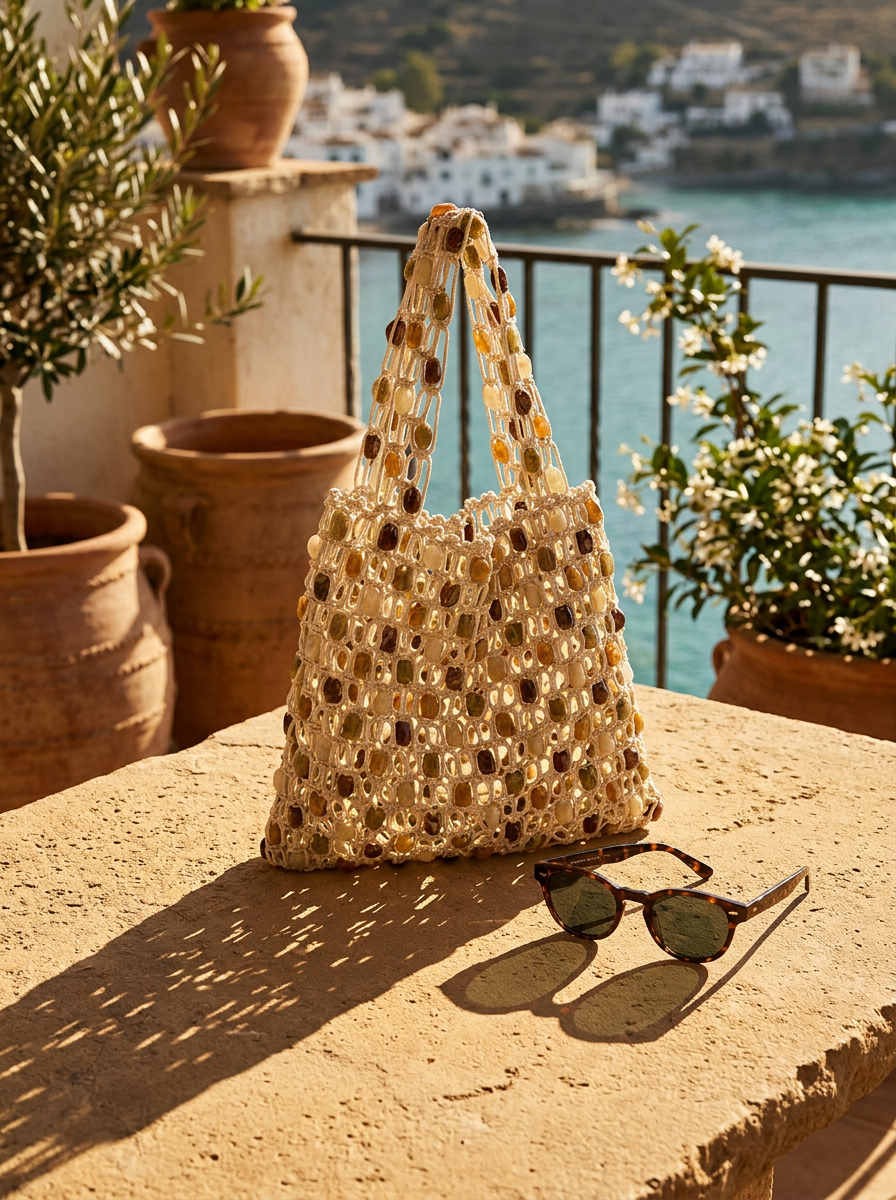 Artisanal Handwoven Gem Bead Crochet Tote Bag