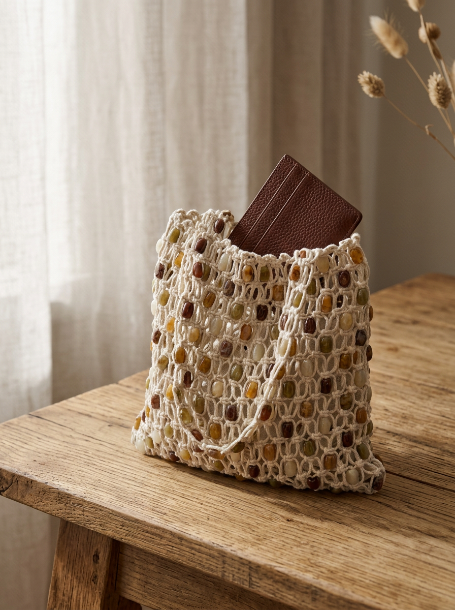 Artisanal Handwoven Gem Bead Crochet Tote Bag