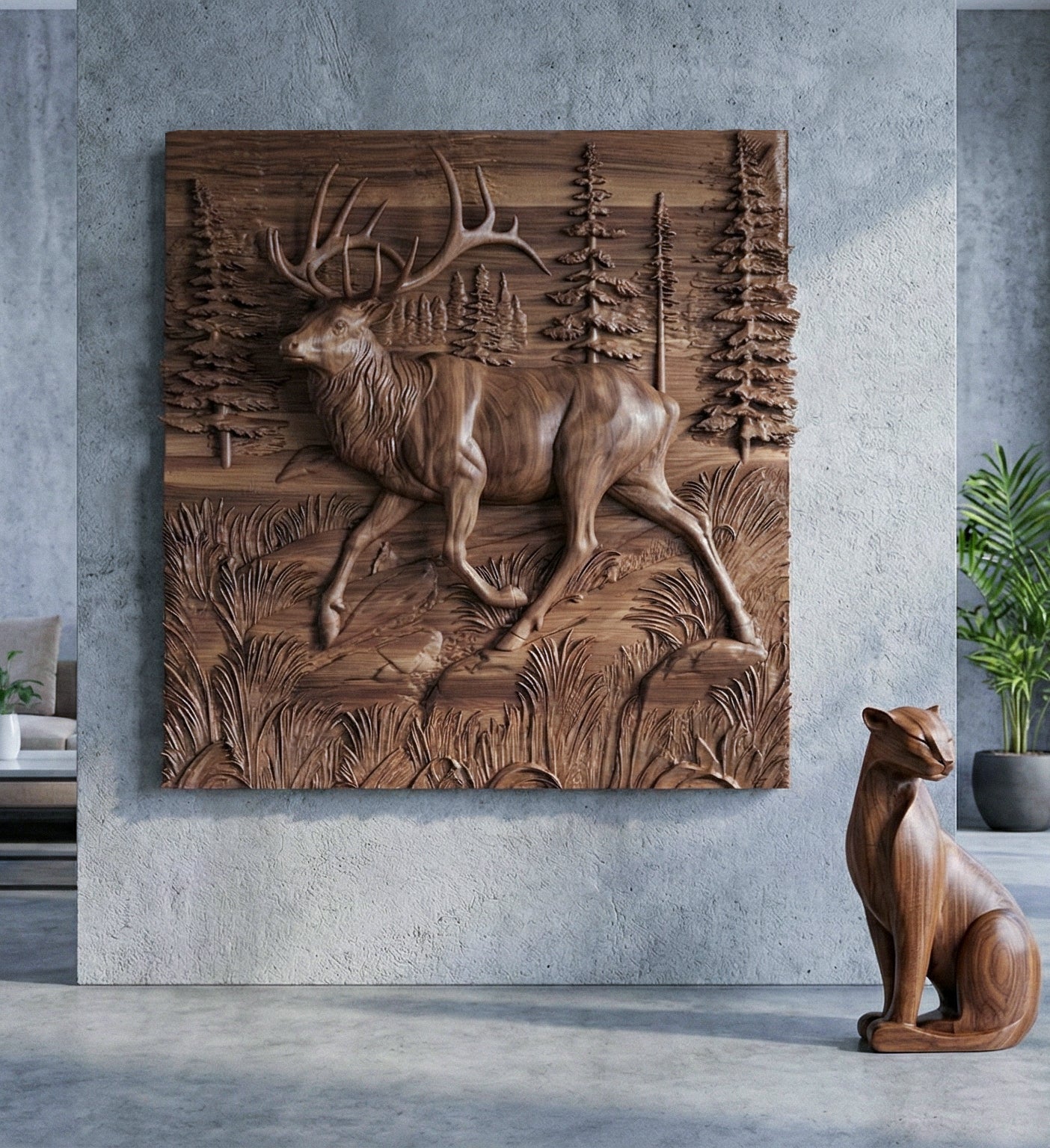 Wooden Deer - Elk 3D Wood Relief Wall Art