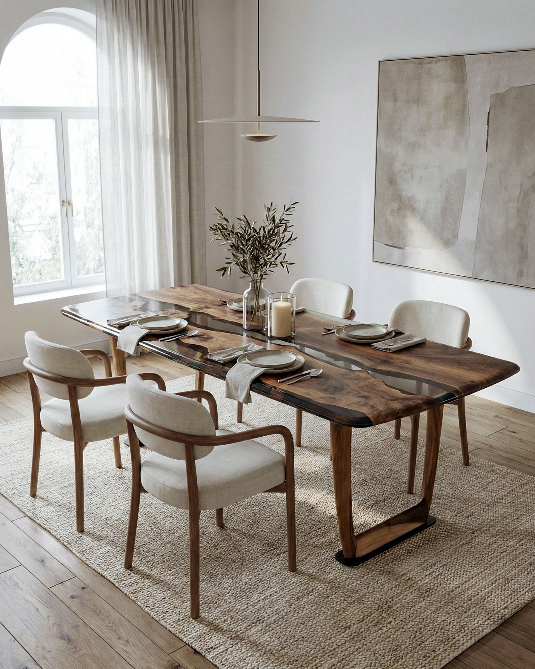 Epoxy Resin River Dining Table Featured Walnut Wood Leg
