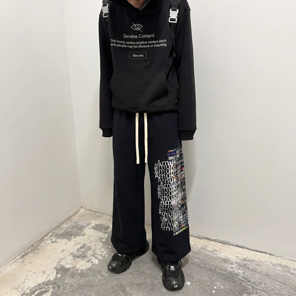 Market Crash Streetwear Double Waisted Sweatpants Wide Leg French Terry 420GSM Black Cotton