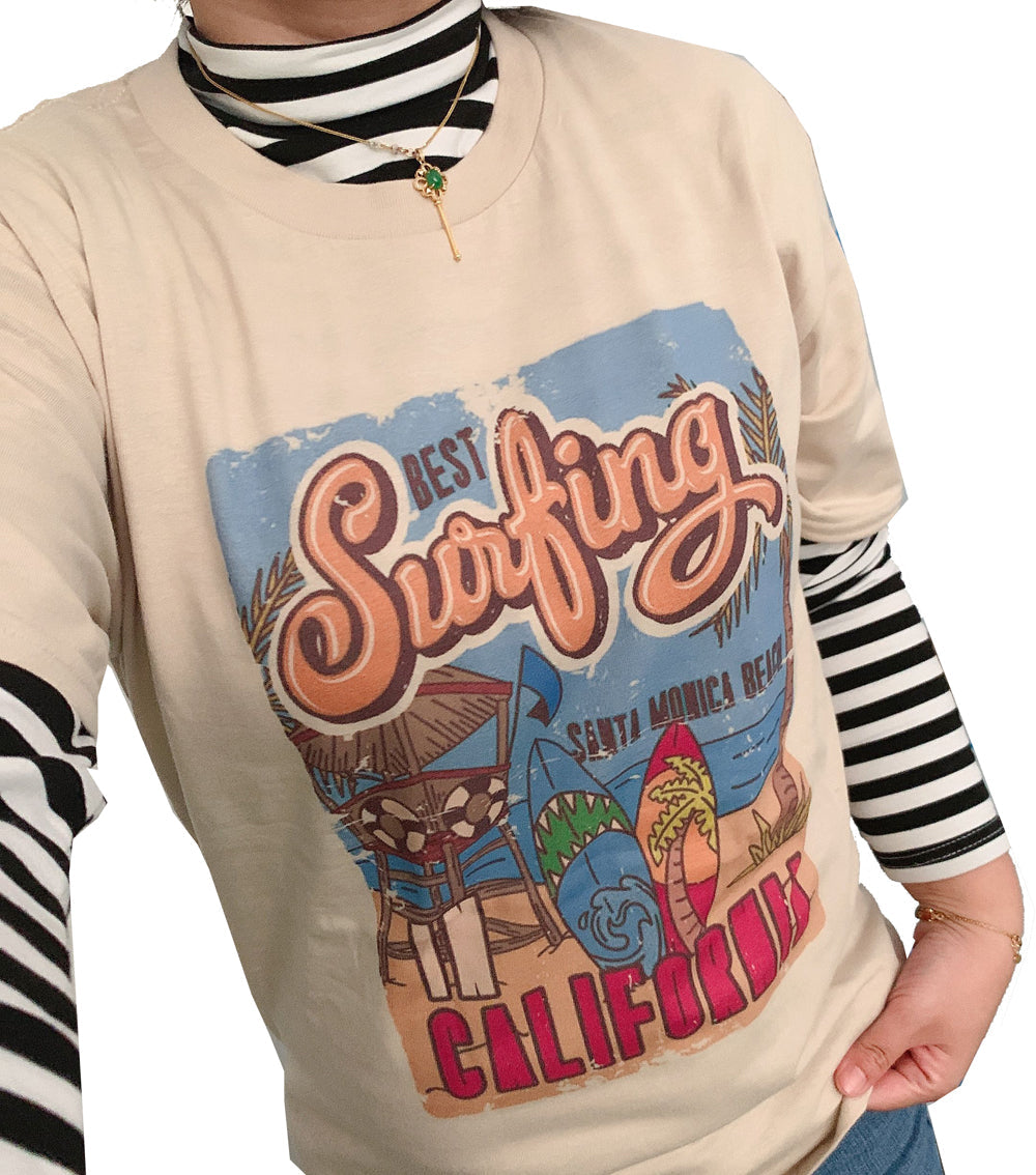 1pcs WHITE Tees Summer Casual Oversized Tee Best Surfing Santa Monica California Womens Retro Style