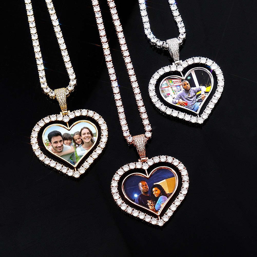 Heart Shaped Custom Photo Spin Double Sided Medallion Pendant Necklace Hip Hop Jewelry