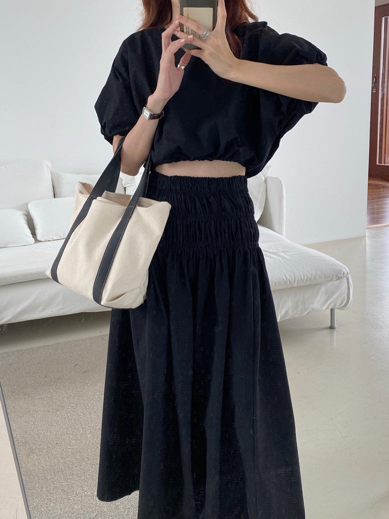 Vintage Sets Women Outfits Puff Sleeve Crop Top and Elastic Waist Pleat Long A-line Skirt