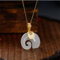 Vintage White Hetian Jade Elephant Pendant 18K Gold Plated Chain Necklace