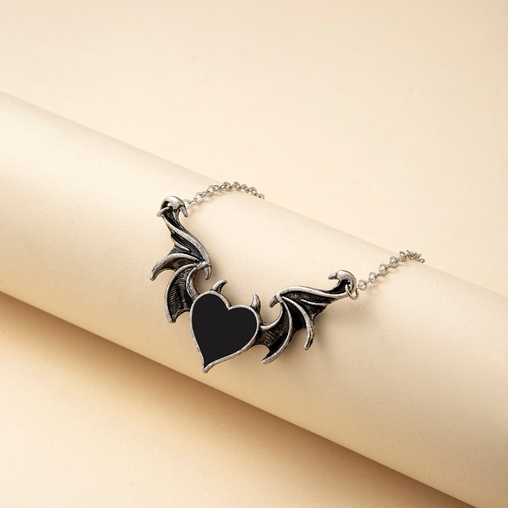 Women's Alloy Punk Style Hip-hop Black Devil Red Love Heart Pendant Necklace