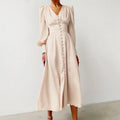 Single Breasted Dress High Waist Satin Long Dress V Neck Women Midi Dresses Lantern Sleeve