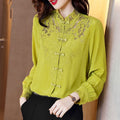 Embroidery Hollow Blouse Women Long Sleeve Imitation Silk Top Loose Vintage Shirt Plus Size