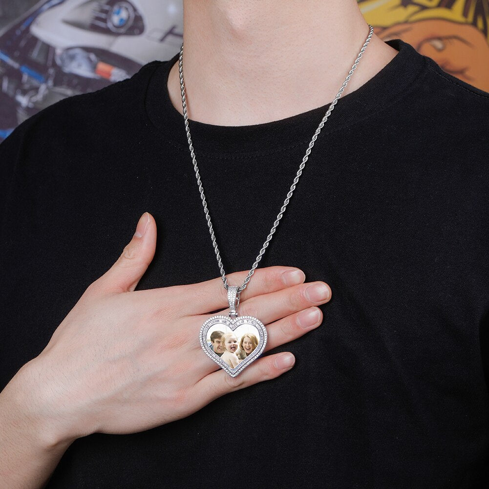 Custom Photo Pendant Heart-shaped Medal Necklace Iced Cubic Zirconia Pendant Hip Hop Jewelry