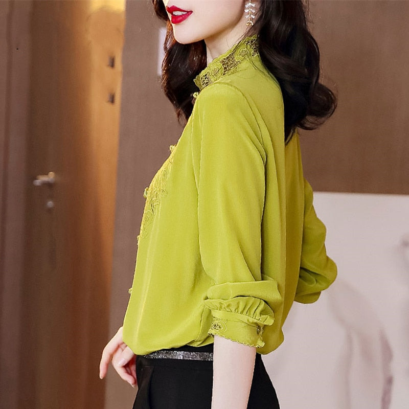 Embroidery Hollow Blouse Women Long Sleeve Imitation Silk Top Loose Vintage Shirt Plus Size