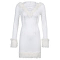 Furry White Bodycon Mini Dresses Women Autumn Long Sleeve Hooded V Neck Dress