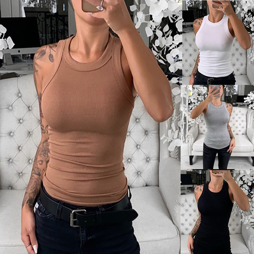 Women Solid Round Neck Ribbed Tank Top Camisole Women Summer Basic Elastic Tank Top