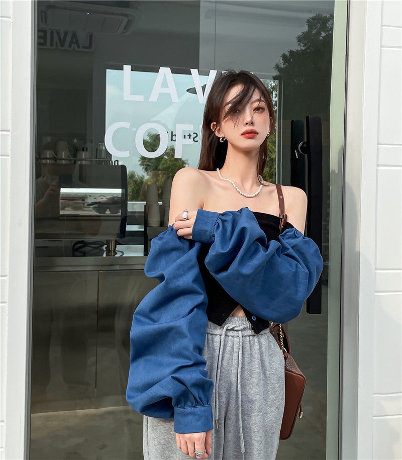 Patchwork Denim Shirts Women French Square Collar Puff Blouses Long Sleeve Crop Tops