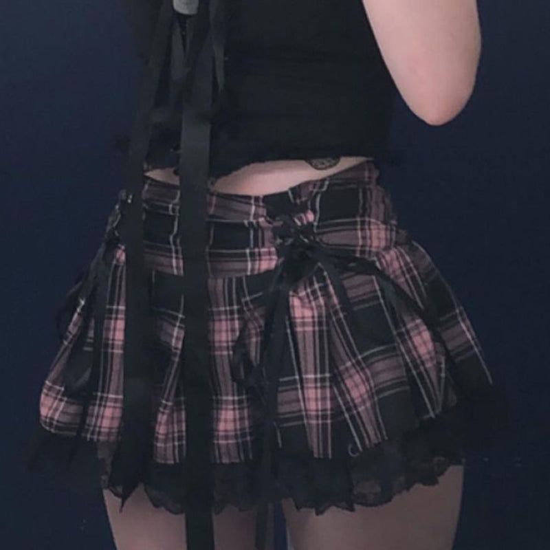 Skirts Pleated Skirt Lace Up Sexy Mini Punk Skirt Gothic Black Skirt Jupe Femme