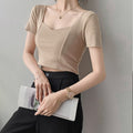 French Clavicle Square Collar Tops Women High Waist Croped Top Short Sleeve T-shirt Female