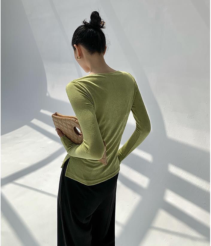 Sexy Swing Collar Cropped Tops Women Autumn  Metal Design Skinny Long Sleeve T-Shirt Outwear