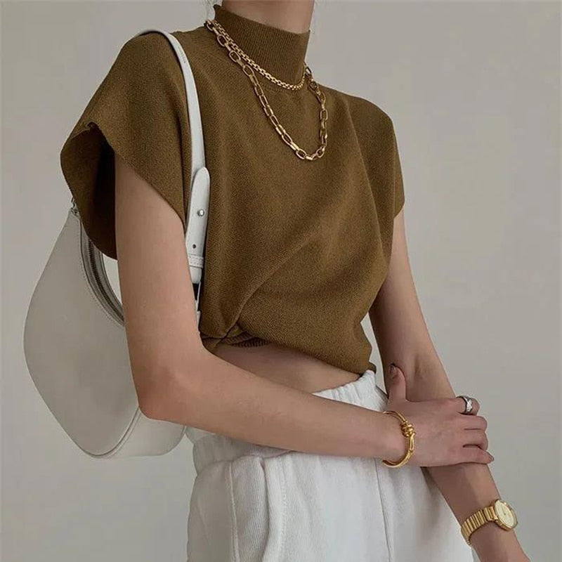 French Turtleneck Knitted Women Spring Summer Design Loose Short Sleeve Cropped Tops Female