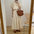 Vintage Sets Women Outfits Puff Sleeve Crop Top and Elastic Waist Pleat Long A-line Skirt
