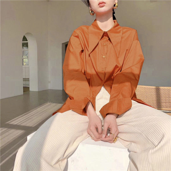 Big Pointed Collar White Blouses For Women Vintage Loose Long Sleeve Shirt