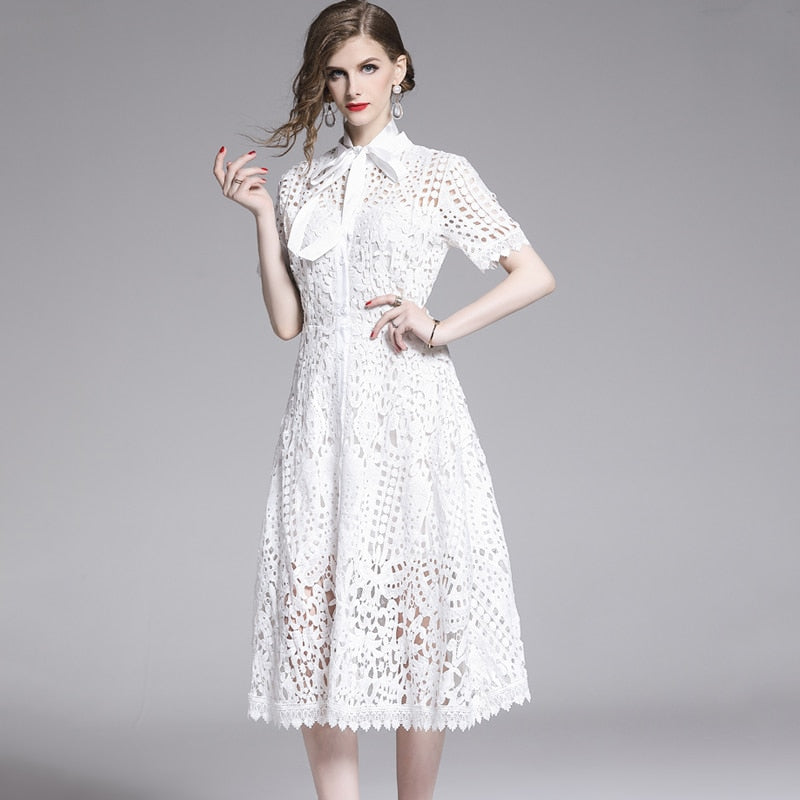 Lace Hollow Out Stand Collar Short Sleeve Dress High Waist Mid-calf Dress