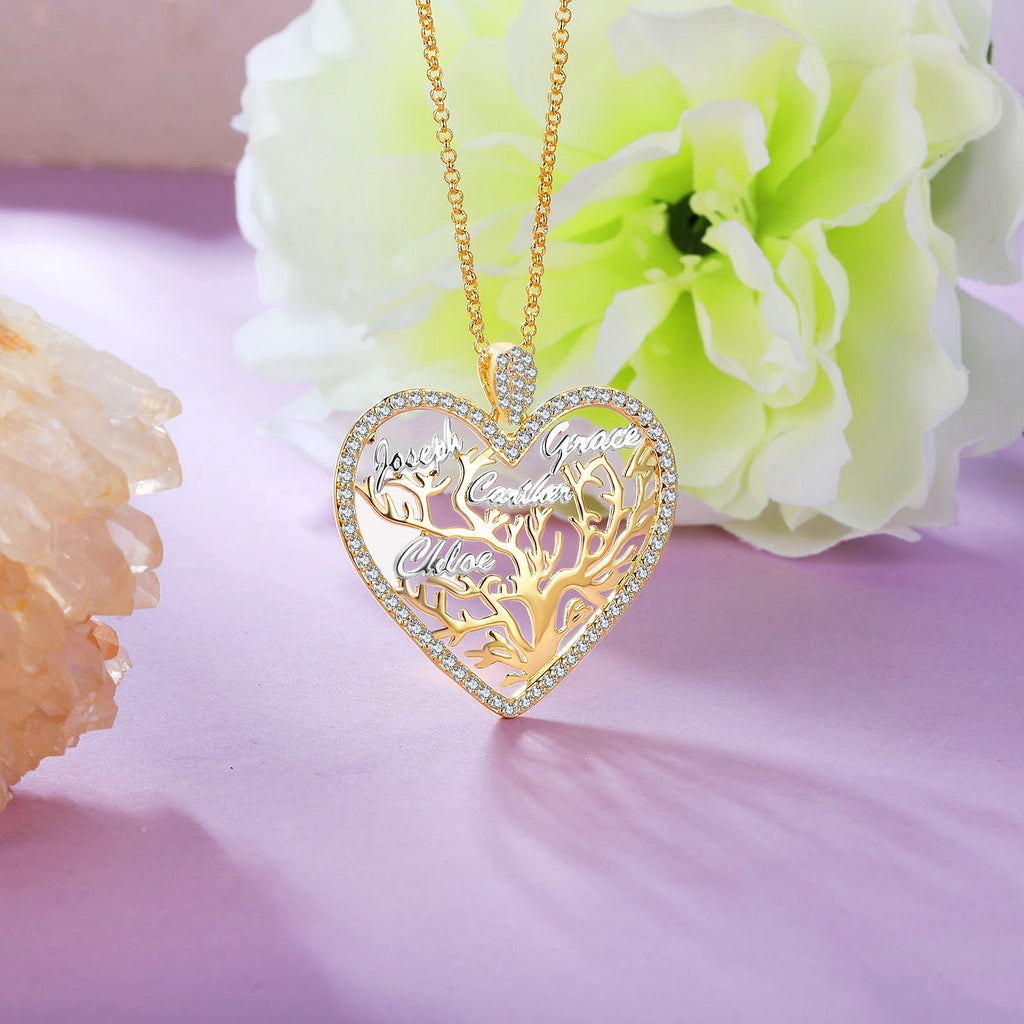 Multi-name Mixed Color Heart Necklace Family Tree of Life Nameplate Pendant