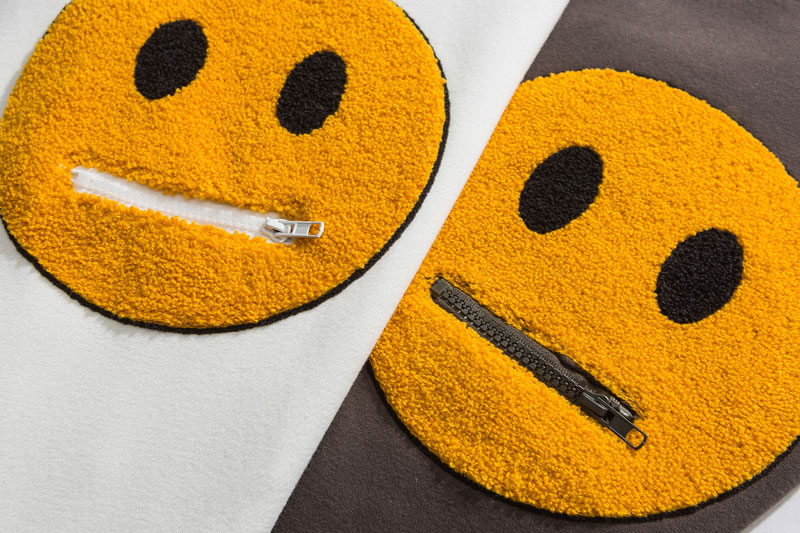 Zipper Pocket Smile Face Patchwork Fleece Hoodies Sweatshirts Streetwear