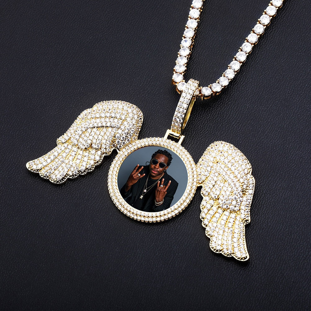 Angel Wings Custom Photo Medallion Necklace Iced Out  Cubic Zirconia Pendant Hip Hop Jewelry