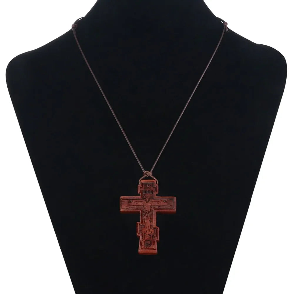 INRI red and black wood cross necklace rope chain religious