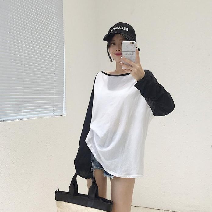 Female T-shirt Round collar Contrast Color Long Sleeve T Shirt Women spring T-Shirts