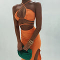 Cryptographic Bandage Cut Out Sexy Halter Neck Top and Skirts Set Gathered Elegant