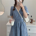 Women Summer V Neck Jacquard Floral Long Dress High Waist Short Sleeve Exquisite Midi Dresses