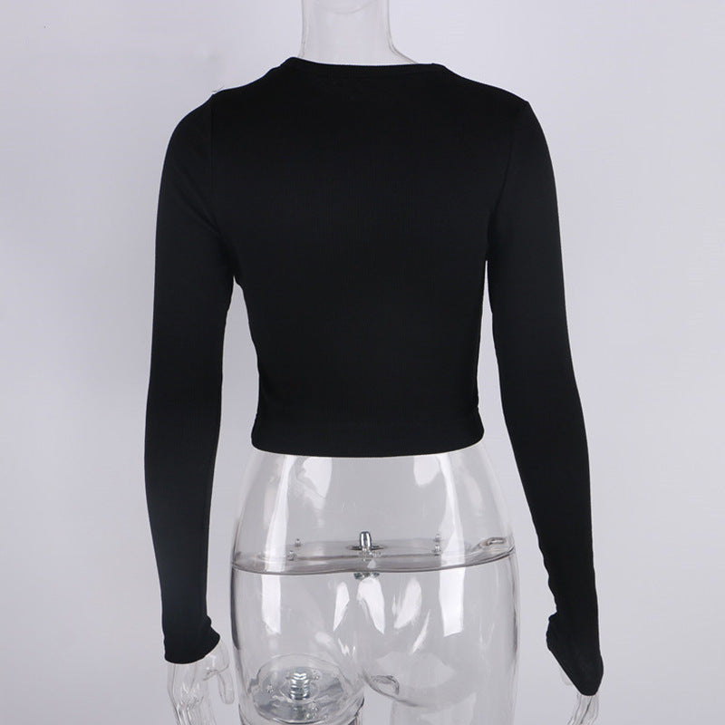 O Neck Long Sleeve Shirt Women Ribbed Sexy Cropped Tops Casual Skinny T Shirts White