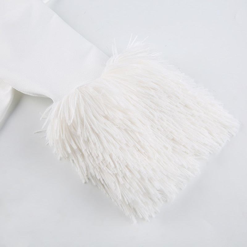 Furry White Bodycon Mini Dresses Women Autumn Long Sleeve Hooded V Neck Dress