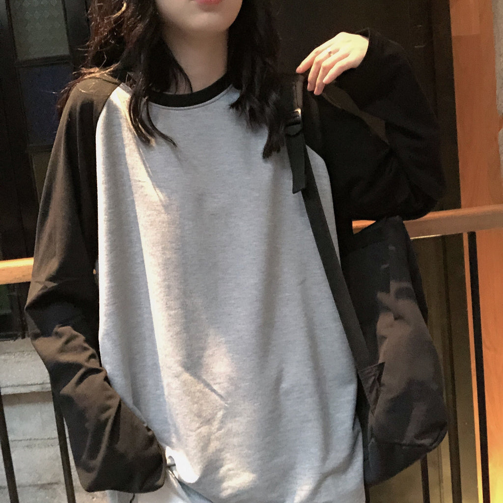 Female T-shirt Round collar Contrast Color Long Sleeve T Shirt Women spring T-Shirts
