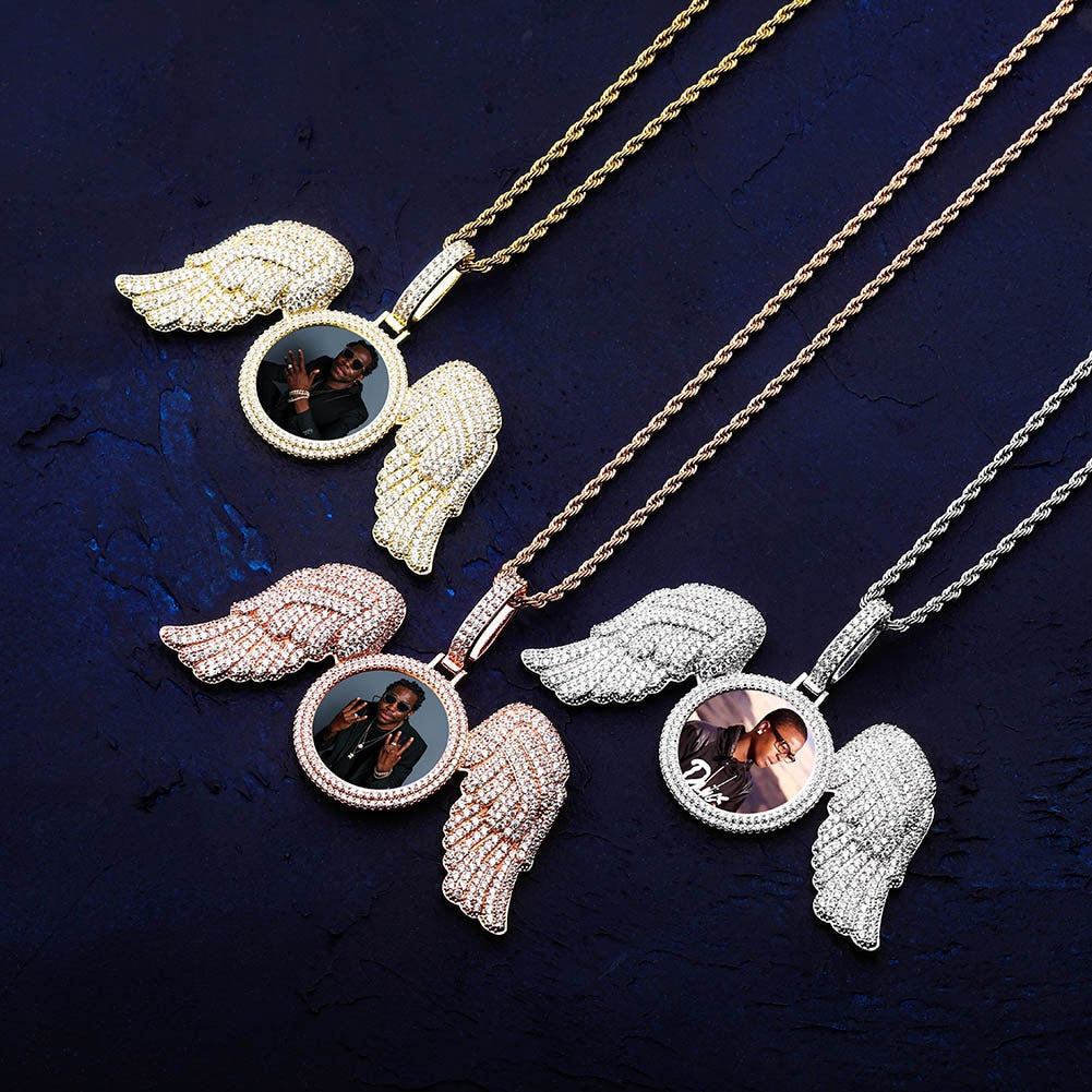 Angel Wings Custom Photo Medallion Necklace Iced Out  Cubic Zirconia Pendant Hip Hop Jewelry