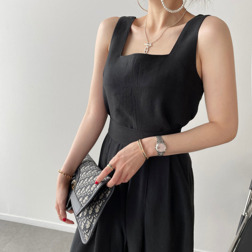 Office Ladies 2-Piece Women Square Neck Loose Vest Top + High Waist Pleated Wide Leg Pants