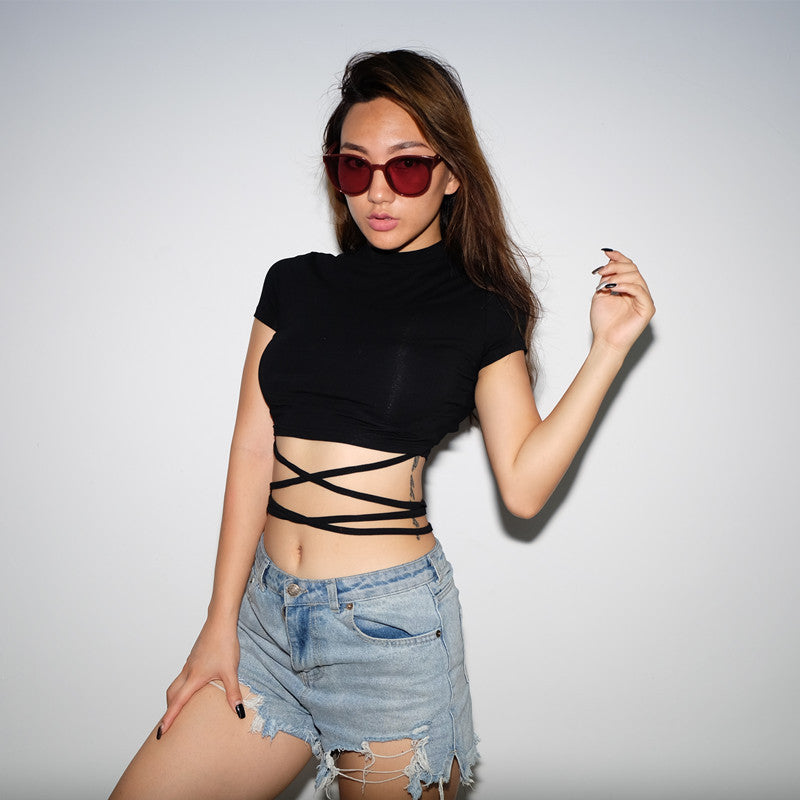 Summer Women Black Short T-Shirts Sexy Crop Tops Short Sleeve Bandage Tee Tops Female Shirts