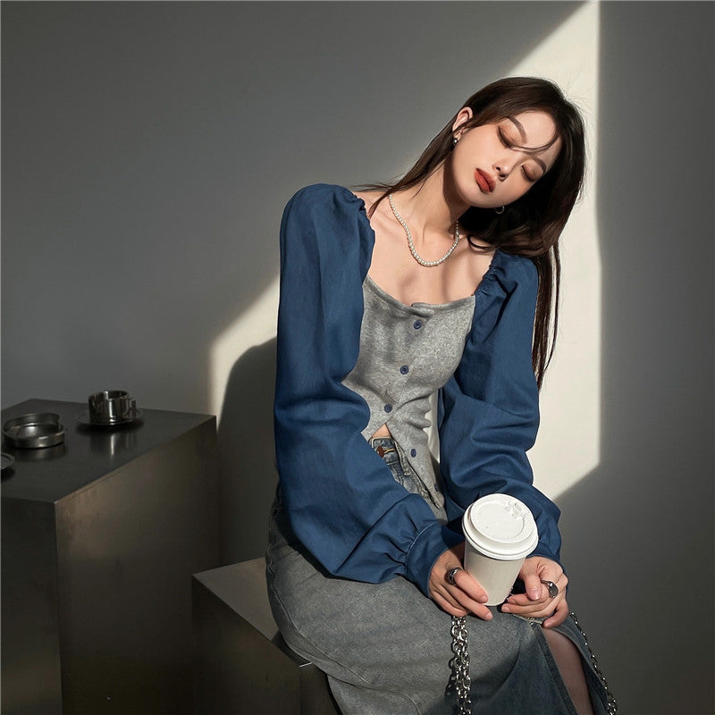 Patchwork Denim Shirts Women French Square Collar Puff Blouses Long Sleeve Crop Tops