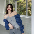Patchwork Denim Shirts Women French Square Collar Puff Blouses Long Sleeve Crop Tops