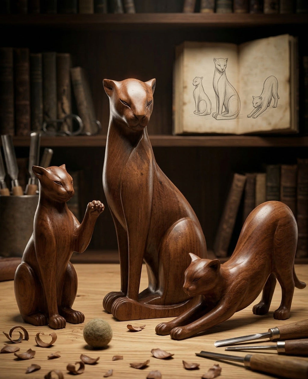 Wooden Wild Cat Figure